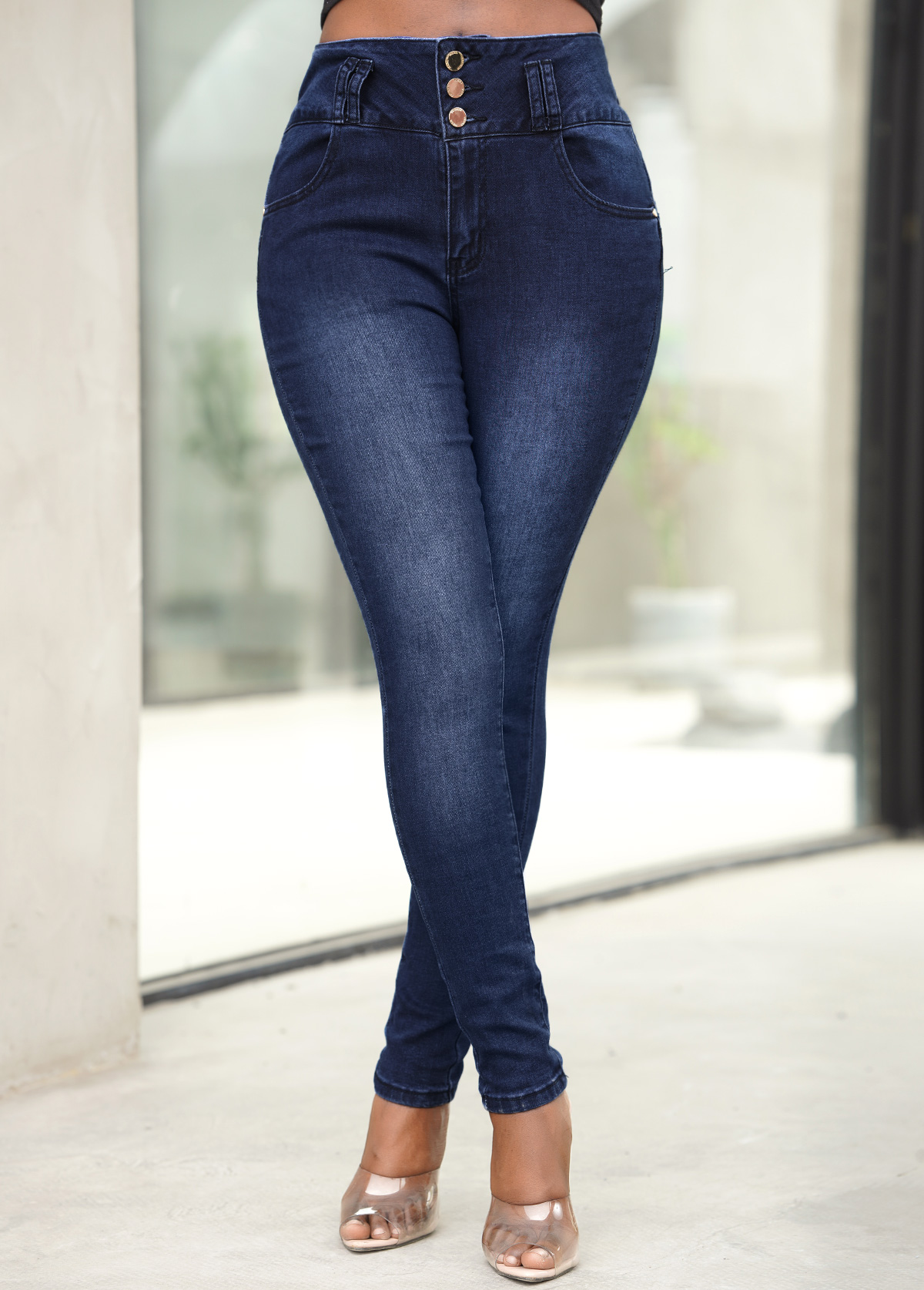 Pocket Dark Blue Mid Waist Jeans